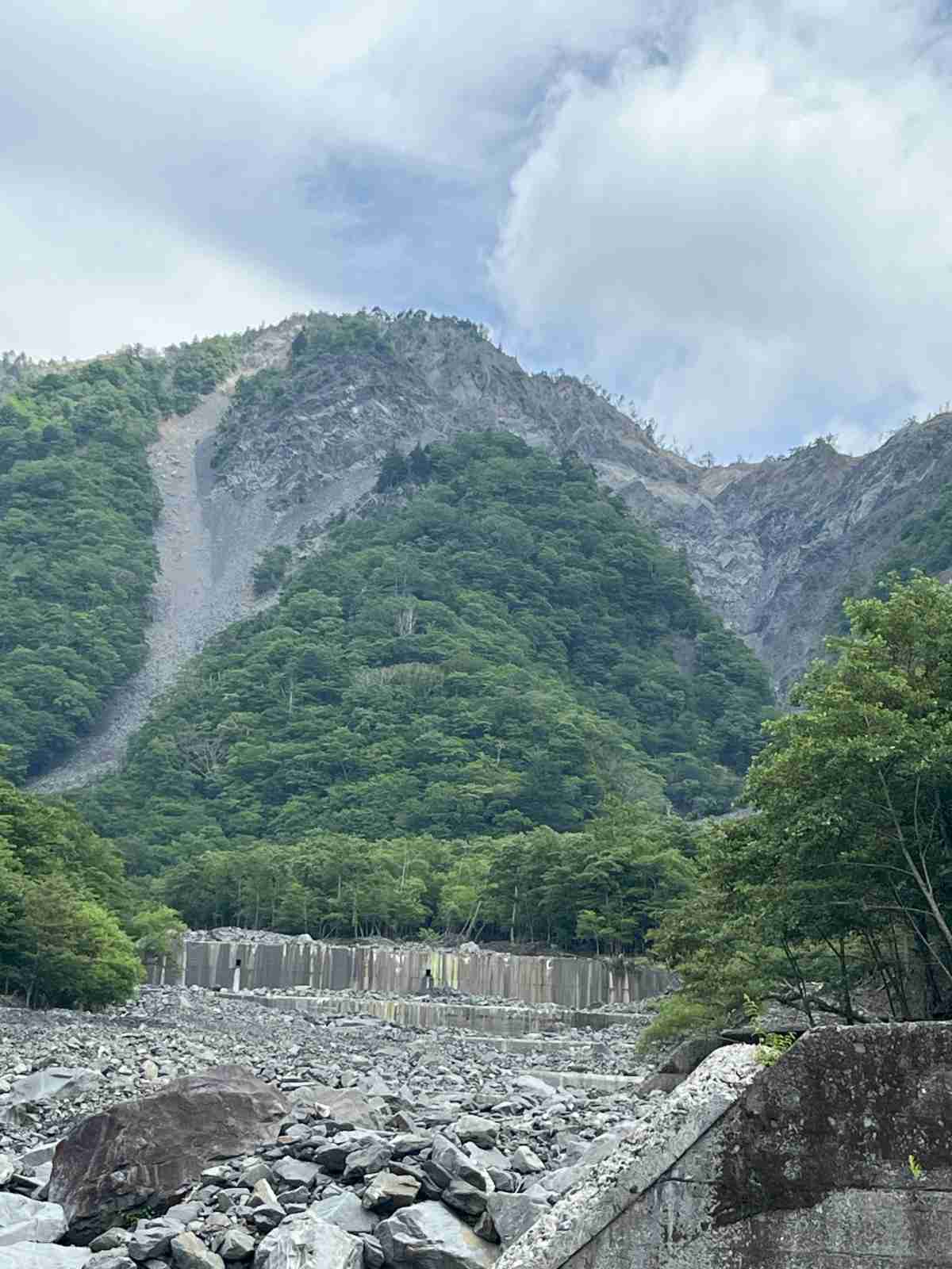 大谷崩れ。面積1.8㎢、高度差800ｍ、これまでに崩れた土砂量、約１億2000万㎥、日本三大崩れの1つに数えられる。日々少しずつ崩れ、変化しているそう。